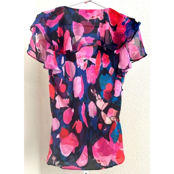 Parker Peony Dreams Flutter Sleeve Ruffle Collar Silk Chiffon Blouse‎ Top Small - Picture 2 of 4